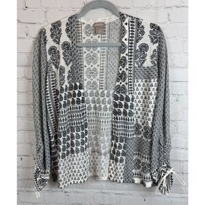 CHICO'S black white cotton blend floral knit open front cardigan sweater 0 S